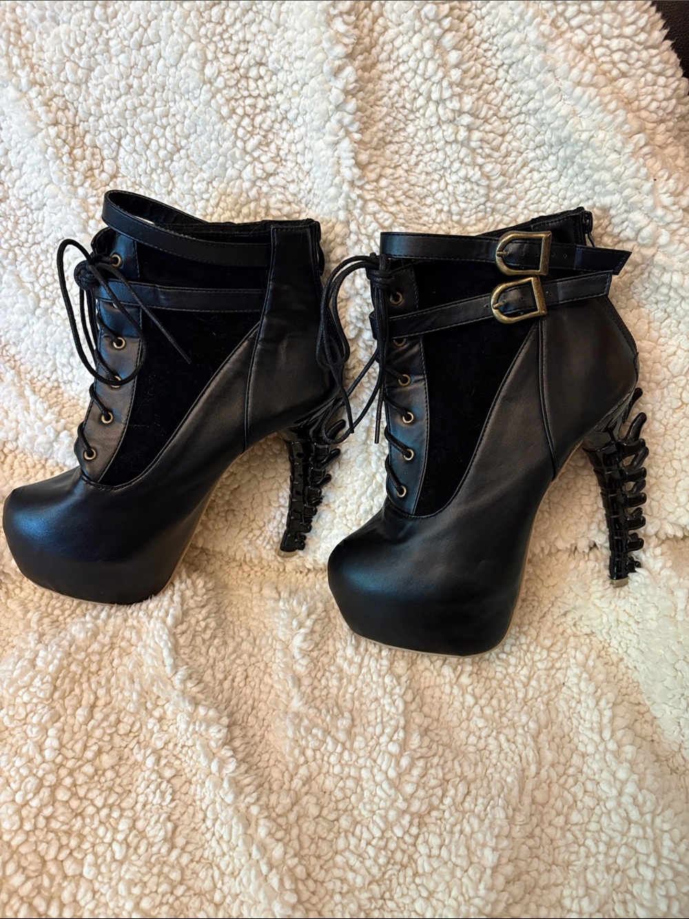 Women's Black Lace-Up Platform Ankle Boots Goth Skeleton Spine Heel ?Shoe Story - Picture 3 of 16
